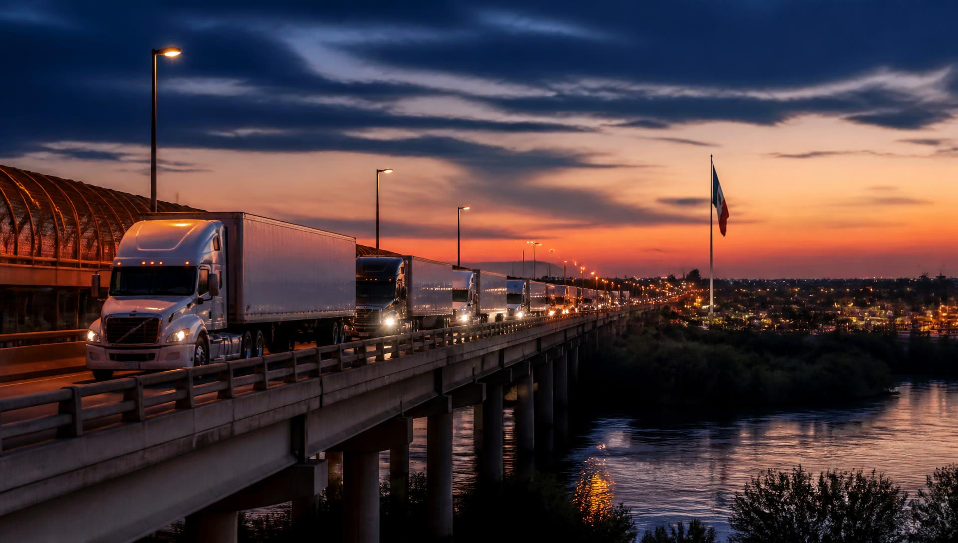Freight trucks crossing the US–Mexico border bridge at Laredo, Texas